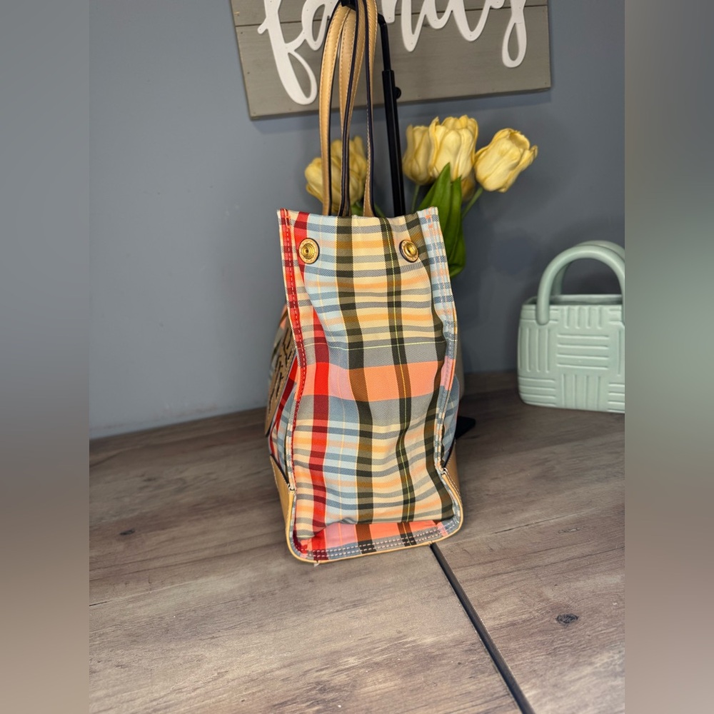 Tory Burch Plaid Tote Bag in Multicolor with Tan Leather Trim - Picture 2 of 16